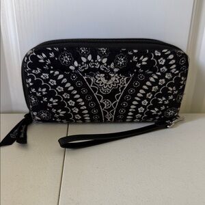 Vera Bradley Banana Medallion Black and White Floral Wristlet (7-1/2” Length)